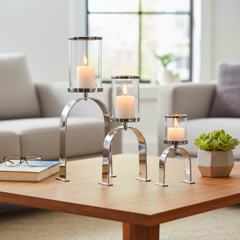 Modern Metal Pillar Candle Holder with Arched Stand Base - Decorative Tabletop Candlestick Holder for Home Decor - Set of 3, 22", 16", 10"