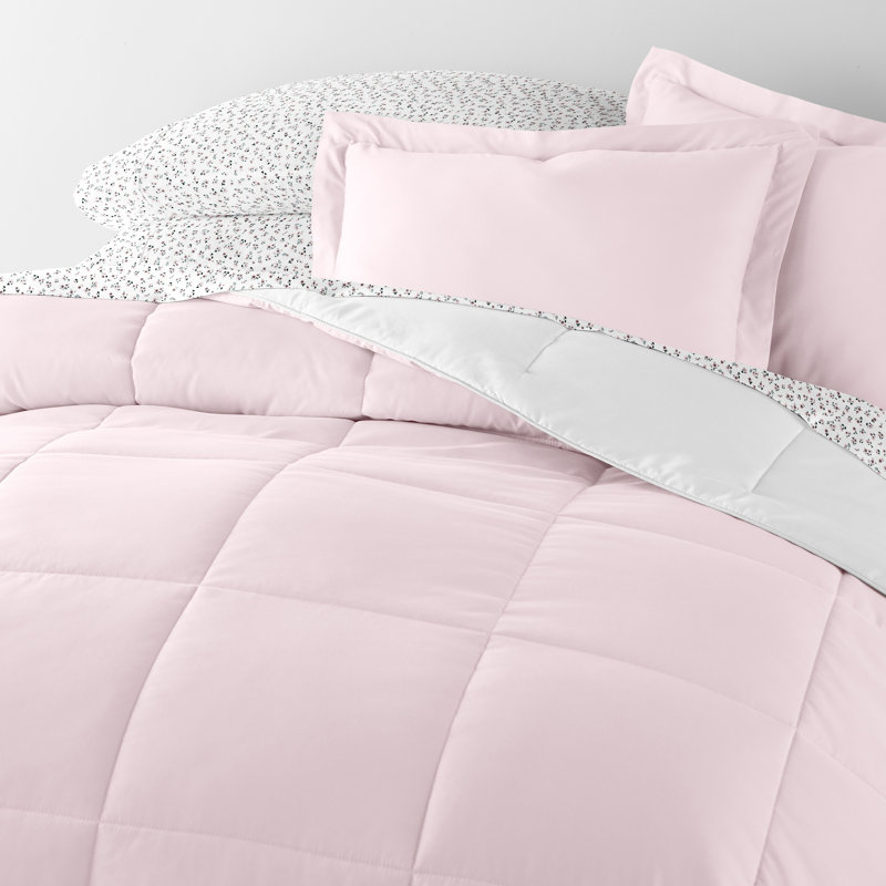7-Piece Reversible Bedding Bundle - Solid Comforter and Patterned Sheet Set, Pink Floral, Full Comforter + 1 Additional Piece