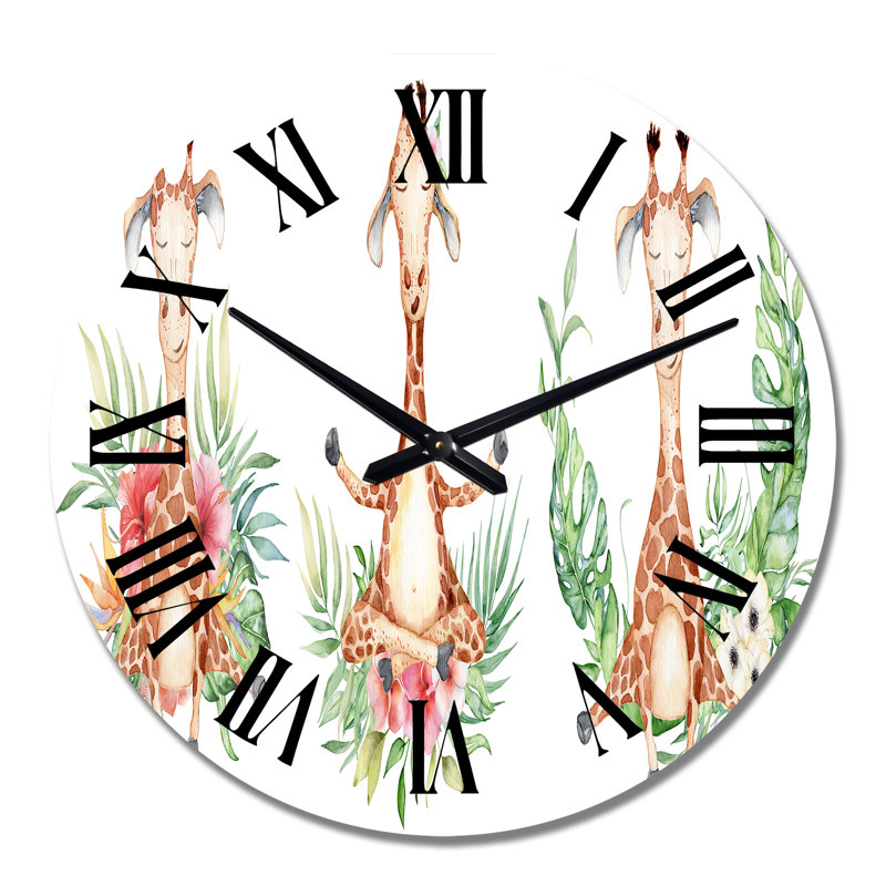 Cartoon Giraffe with Tropical Flowers I - Children's Art Wall Clock, Medium