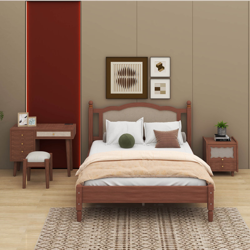 Wooden Vintage Platform Bed with Natural Rattan Headboard, Walnut, Queen