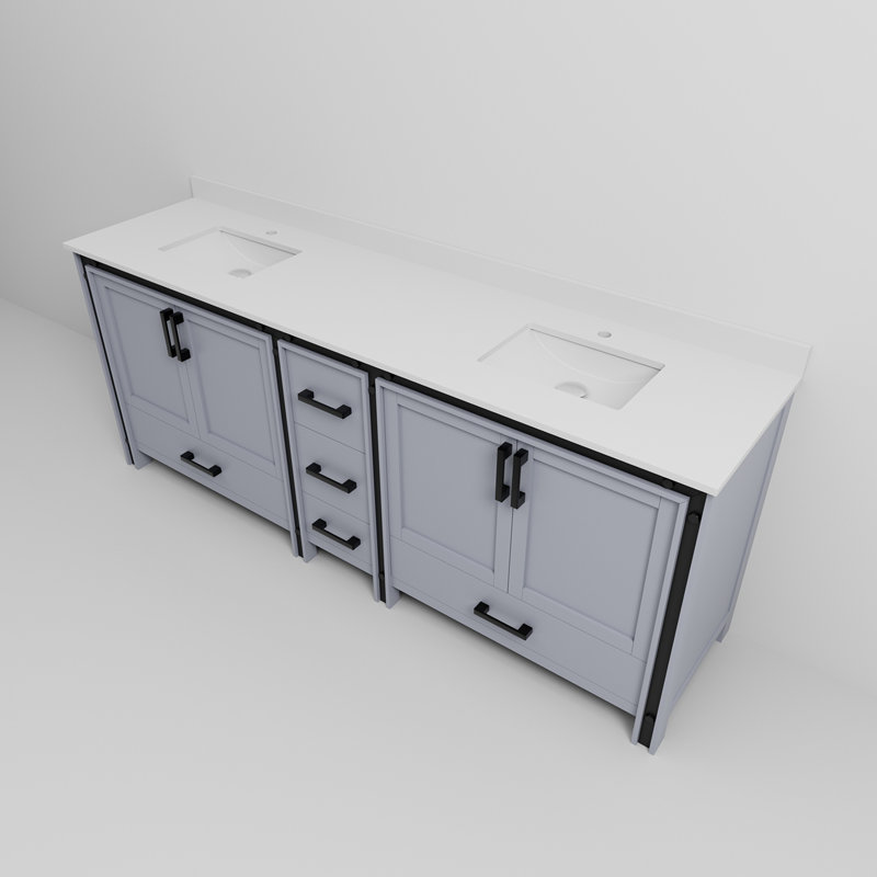 Meuble-lavabo double avec comptoir en quartz blanc, Gris foncé