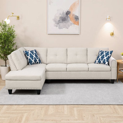 Canapé et méridienne de 98 po de large à gauche | Canapé modulaire en L 2 pièces avec revêtement en mélange de lin | Dossier et garniture cloutés capitonnés | Canapé modulaire gris anthracite pour le salon ou la salle familiale