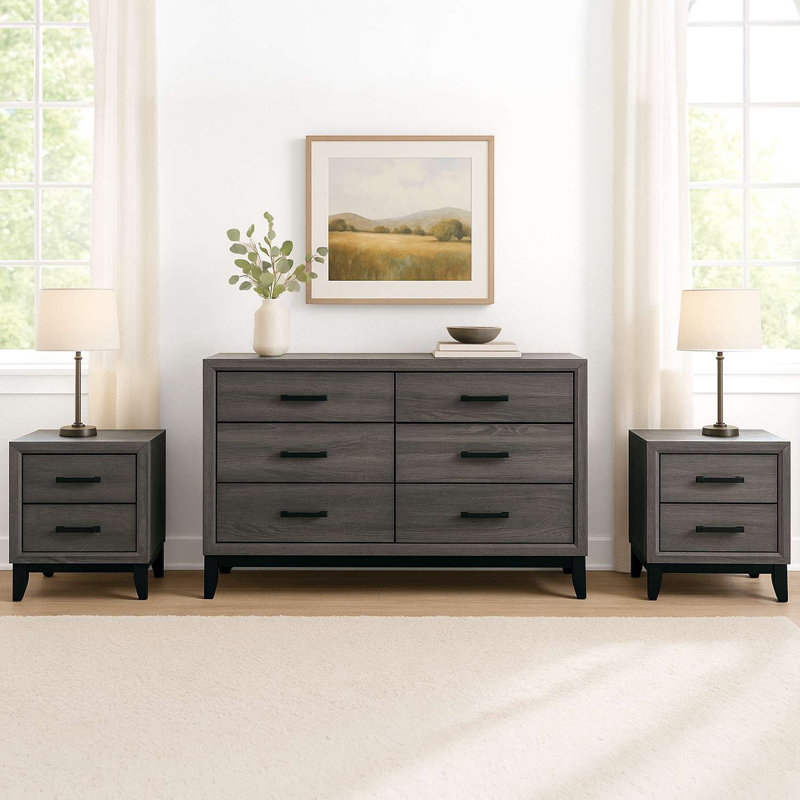Ensemble de rangement de chambre à coucher contemporain 3 pièces avec commode à six tiroirs et 2 tables de chevet assorties, finition grise et noire