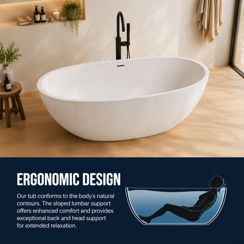 62.8'' x 30.3'' Freestanding Soaking Cement Bathtub, White 