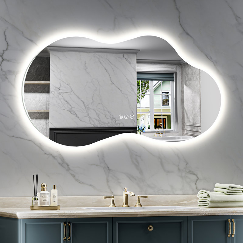 Cloud Shape Bathroom LED Mirror with Frontlit & Backlit, Anti Fog Lighted Vanity Mirror with Stepless Dimmable, ETL Listed, IP54 Waterproof, CRI90+, HD Tempered Glass
