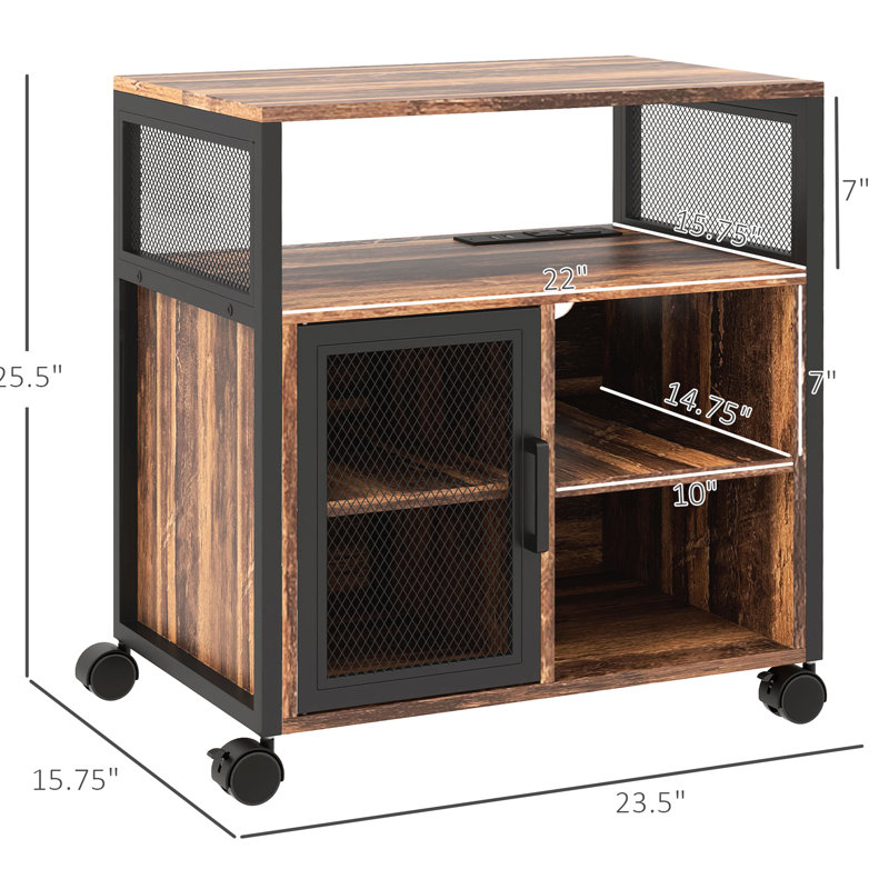 Table d'imprimante mobile avec prises de courant, brun rustique. Gardez le bureau bien rangé et organisé. Tablettes réglables. Roulettes pour faciliter le déplacement dans les ports de chargement bruns. Soigné. Tablette. Mobilité. Bureau polyvalent