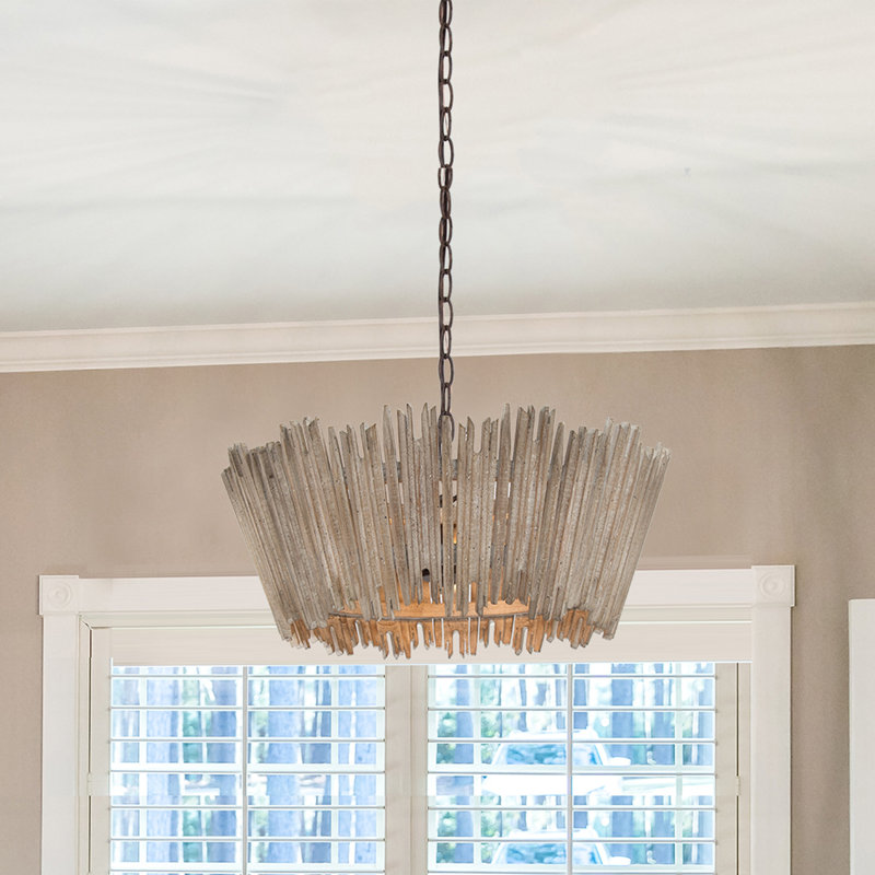 3 - Light Unique/Statement Rustic Drum Chandelier, Distress Wood