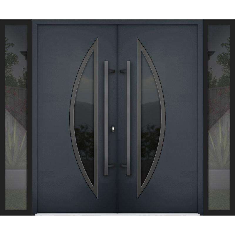 Façade avant extérieure double portes en métal / deux portes en verre anthracite teinté émaillé anthracite 6501/2 fenêtres extérieures latérales latérales / porte d'entrée moderne à ouverture intérieure gauche 104 po x 80 po