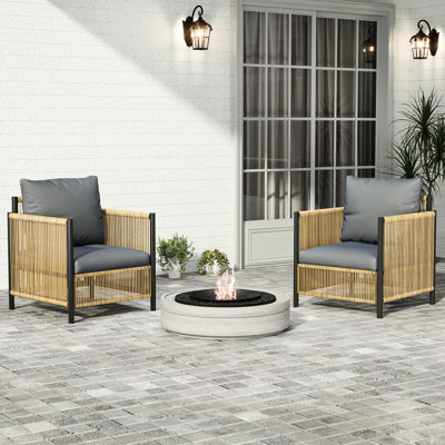 Outdoor Brown With Removable Grey Cushions And Black Tempered Glass Desk For Yard Use Washable Side Table