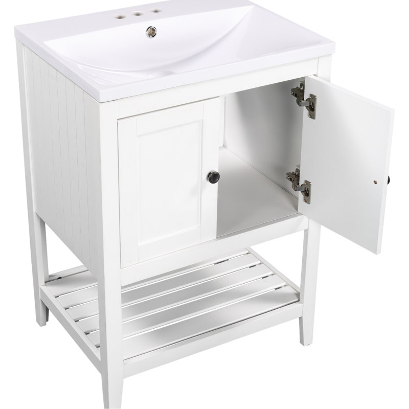 Meuble-lavabo blanc 24 po - Fabrication en bois massif, lavabo en céramique, bois massif, design moderne élégant