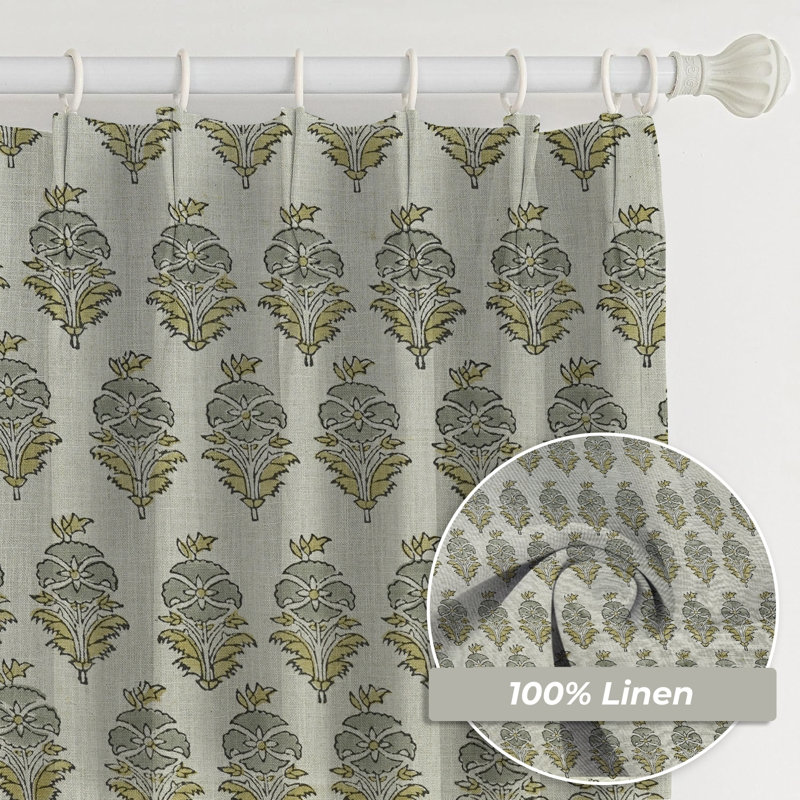 Fabdivine 27x89 Inches, Gray or Brown Floral Pattern 2 Panel Set, Pinch Pleated Curtain Handmade Block Print Bohemian Soft Pure Linen Fabric with Blackout Kitchen, Room Darkening, Mor Mukut