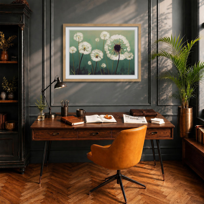Entrancing Dandelion Flowers - Single Picture Frame Print, 34cm H x 46cm W x 2cm D, Oak