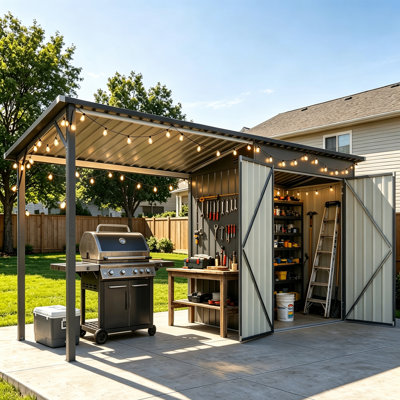 Abri de jardin de 2,4 m x 1,2 m avec gazebo à toit rigide intégré, abri de patio métallique 2 en 1 avec portes verrouillables