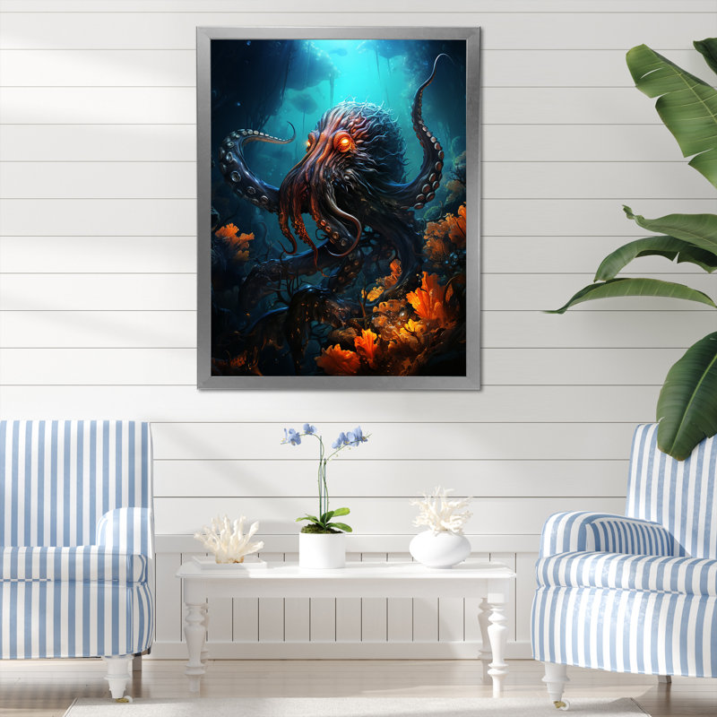 Superheros Octopus Warrior sur impression sur toile, Cadre simple argenté, H 32 po x l 16 po x P 1 po