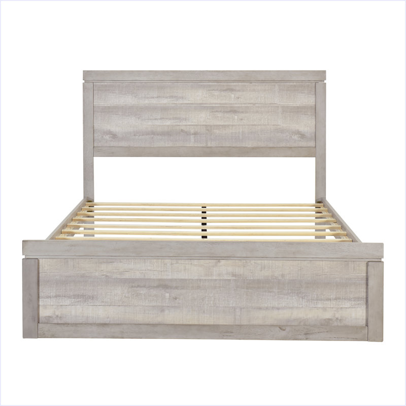 Lit plateforme de style campagnard rétro avec 10 lattes en bois, Blanc rustique, Grand lit