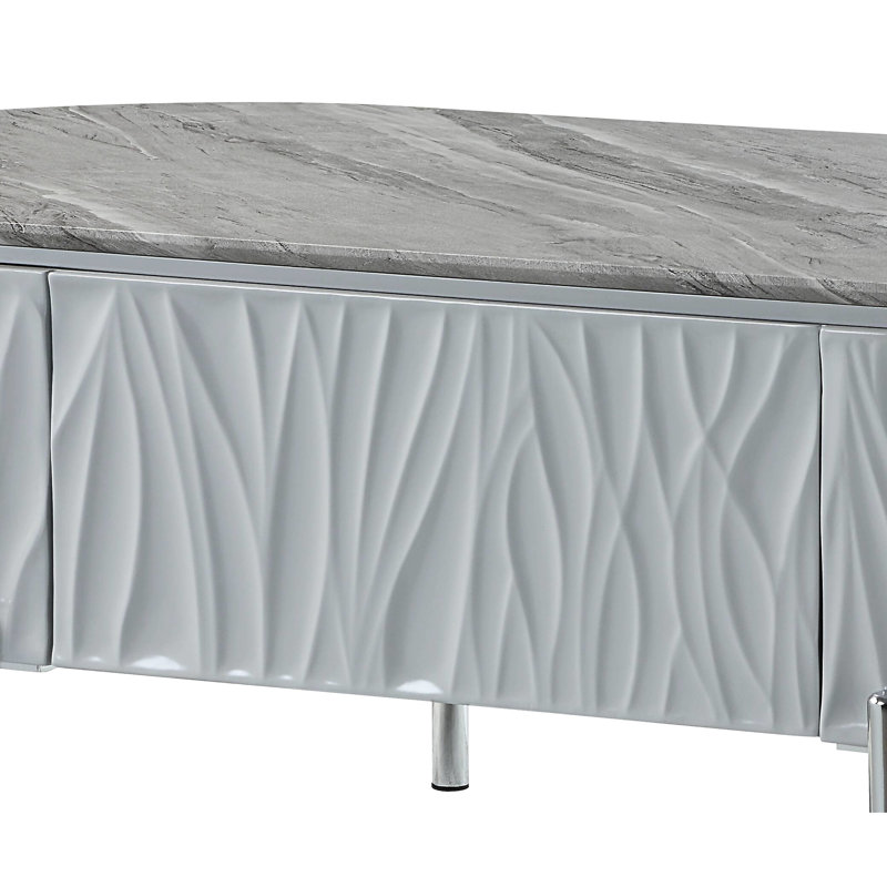 Table basse en métal et bois composite gris ultrabrillant, convenant à une table moderne avec une finition élégante pour les espaces