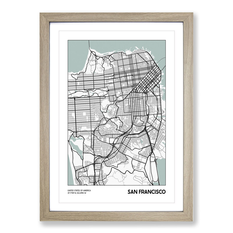 Map San Francisco USA - Picture Frame Graphic Art, 90cm H x 65cm W x 2cm D, Oak
