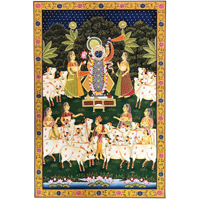 Puja Of Lord Shrinathji | Pichhwai Art Watercolor On Cotton | For Wall Décor