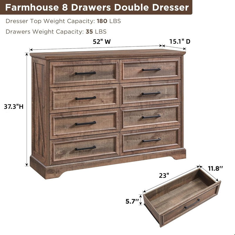 Farmhouse 8 Drawers Dresser Chests For Bedroom,52" Wide Wood Rustic Chest Of Drawers With Metal Handle,Natural Texture