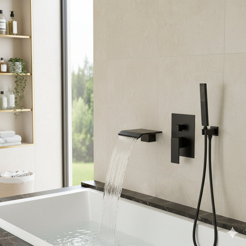 Matte Black Wall Mounted Waterfall Tub Filler with Handheld Shower and Rough-in Valve