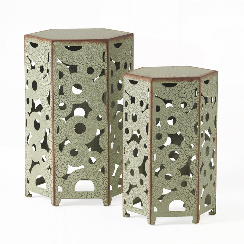 Patio Side Table Set With Hexagon Top and Metal Base, Orange