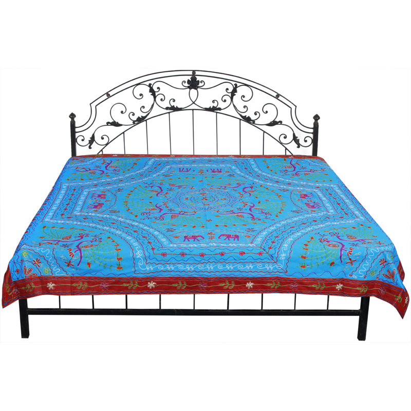Couvre-lit en coton guarjati authentique avec broderie Zari métallique - jeté de paon bleu cyan et éléphant pour décoration murale