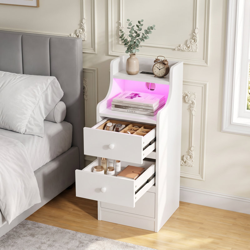 Narrow Bedside Cabinet with 3 Drawers & 2 Open Shelves, White-Brown Slim Nightstand with RGB LED Light & UK Charging Station 2AC/2USB, Wooden Corner Side Table for Bedroom Living Room Sofa Side, UK Plug