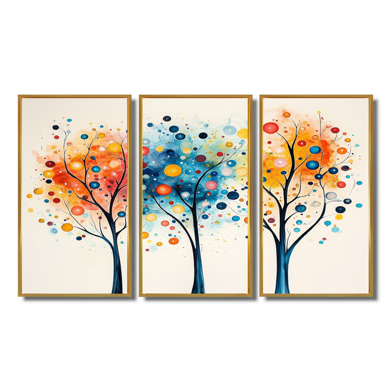 5 saisons, orange et bleu, arbre, reflets III, ensemble d'art mural abstrait Mid-Century, Toile avec cadre flottant brun