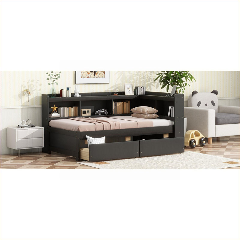 Lit plateforme classique en forme de L en pin massif brun classique avec rangement et charge intégrés, idéal pour les espaces de chambre compacts