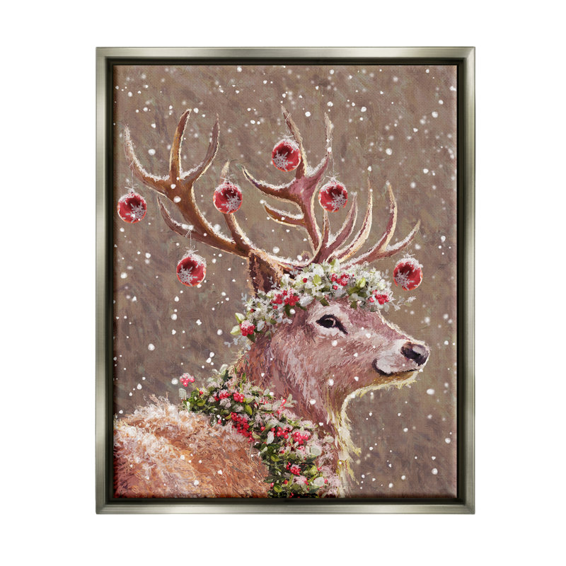 «Deer Antler Holiday Ornaments» par Pip Wilson, peinture, H 21 po x l 17 po x P 1,7 po, Cadre flottant gris lustré