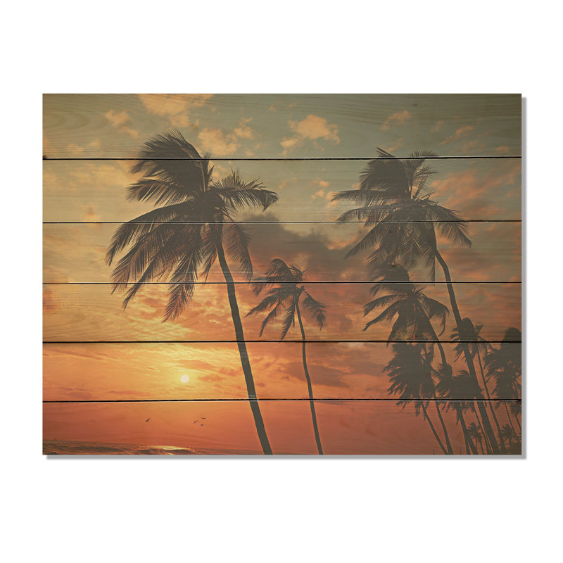 «Tropical Elegance Breeze Sunset» - palmiers et palmiers, art sur bois de pin naturel, H 24 po x l 32 po