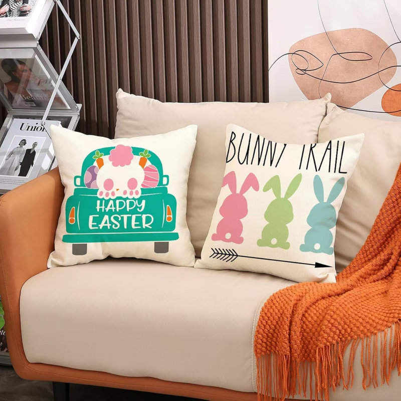 Décoration de Pâques - Ensemble de 4 housses de coussin 45 x 45 cm, taies d'oreiller printanières en lin avec lapin et œuf pour grand canapé, décoration intérieure et extérieure pour les fêtes (rose, 45 x 45 cm)
