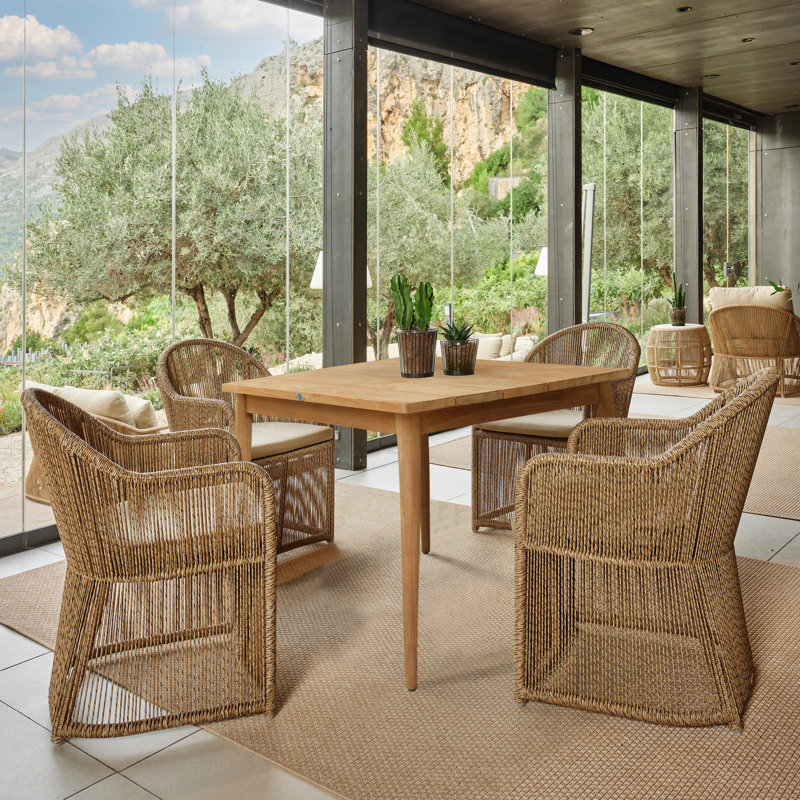 Calixto Outdoor 5 - Piece Teak Dining Set with Cushions, Linen Silver Sunbrella®