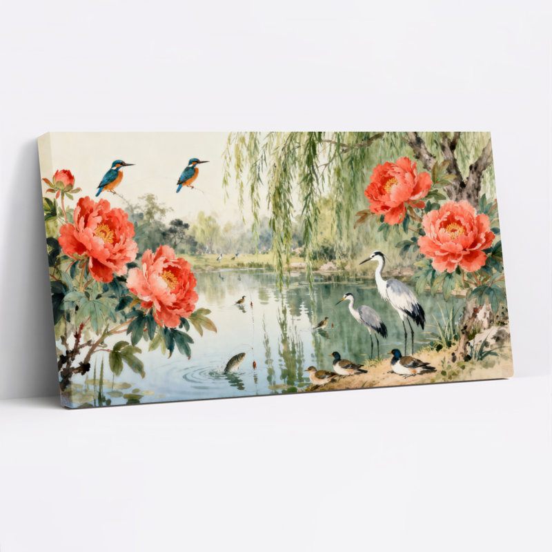 Ensemble de 1 tableau sur toile tendue représentant un paysage floral et d'oiseaux, H 20 po x l 40 po