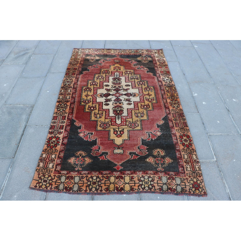 Tapis vintage rétro Anatolian avec motifs géométriques - idéal pour le vestibule - rouge