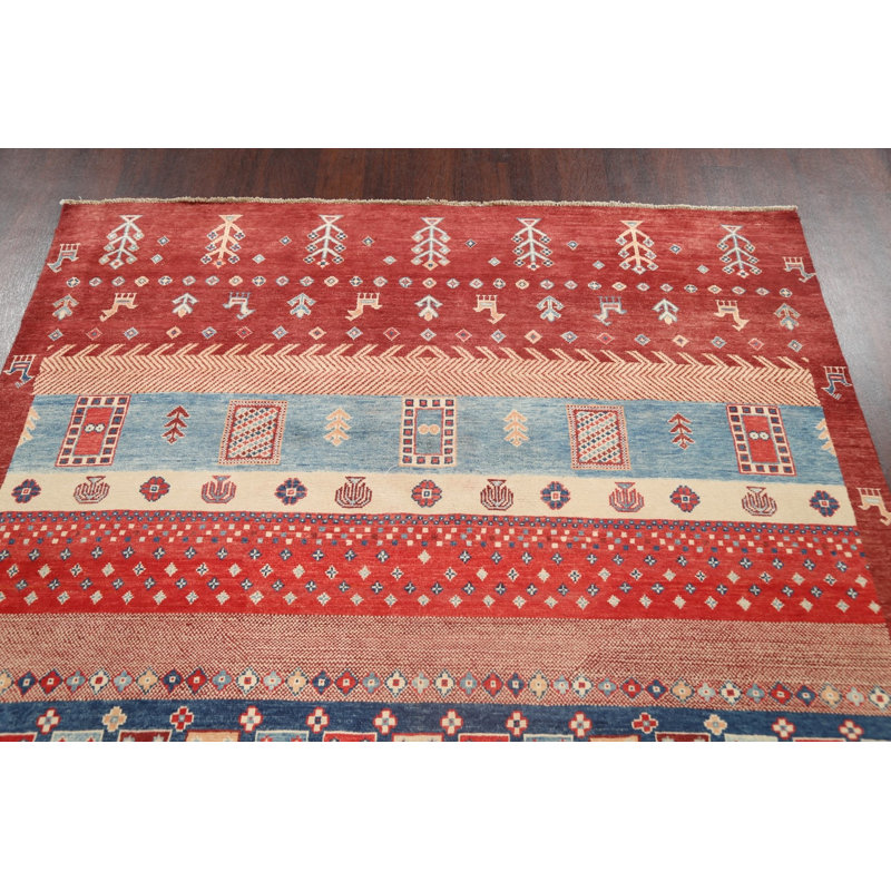 Tapis rouge en laine noué à la main de conception unique 5 pi 10 po x 8 pi 8 po New Age
