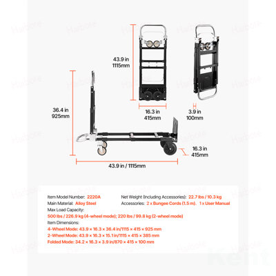 Chariot à main 2 en 1 pliable, capacité de charge de 500 lb pour le mode 4 roues, chariot à main convertible avec roues et poignée réglable, chariot à chariot portatif pour le déplacement à la maison, au bureau, à l'entrepôt
