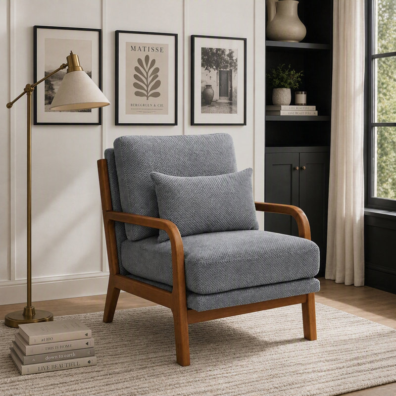 Méridienne en bois avec revêtement Nubby, accoudoirs en bois massif et mousse haute densité, Polyester gris clair