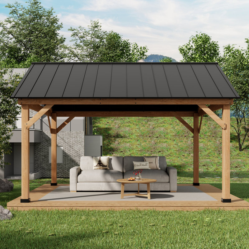 13 Ft. X 15 Ft. Solid Wood Hardtop Gazebo With Galvanized Steel Roof And Ceiling Hook