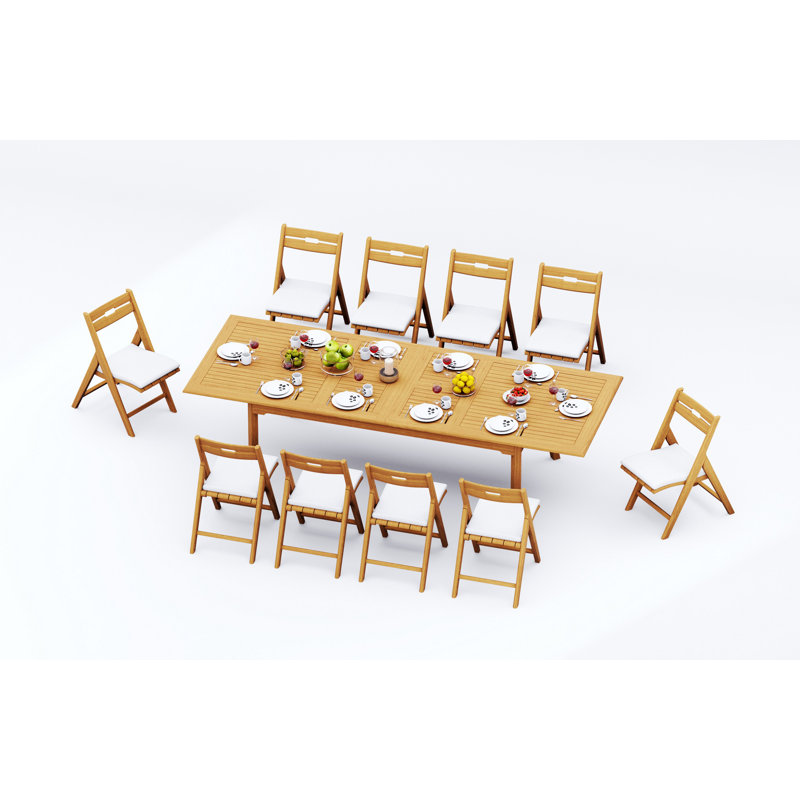 12 Seats 13 Pcs Grade-A Teak Wood Dining Set: 118" Double Extension Rectangle Table And 12 Surfliner Folding Reclining Arm Chairs #11SL2412