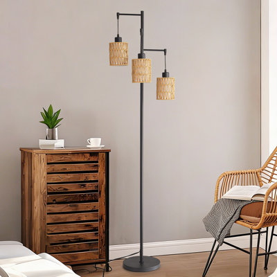 Lampes sur pied noires modernes de 66 po avec abat-jour en rotin, interrupteur au pied, éclairage maison de campagne / boho