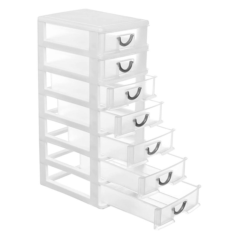 7.1"X5.1"X13.2" Mini Organizer Box Storage Container Case With 7 Clear Desktop Drawer Units,White