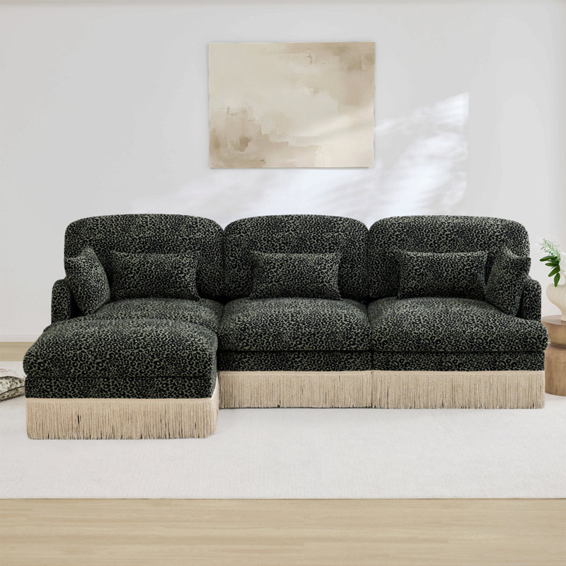 Canapé en L 100 po Chenille, Vert, chenille noire