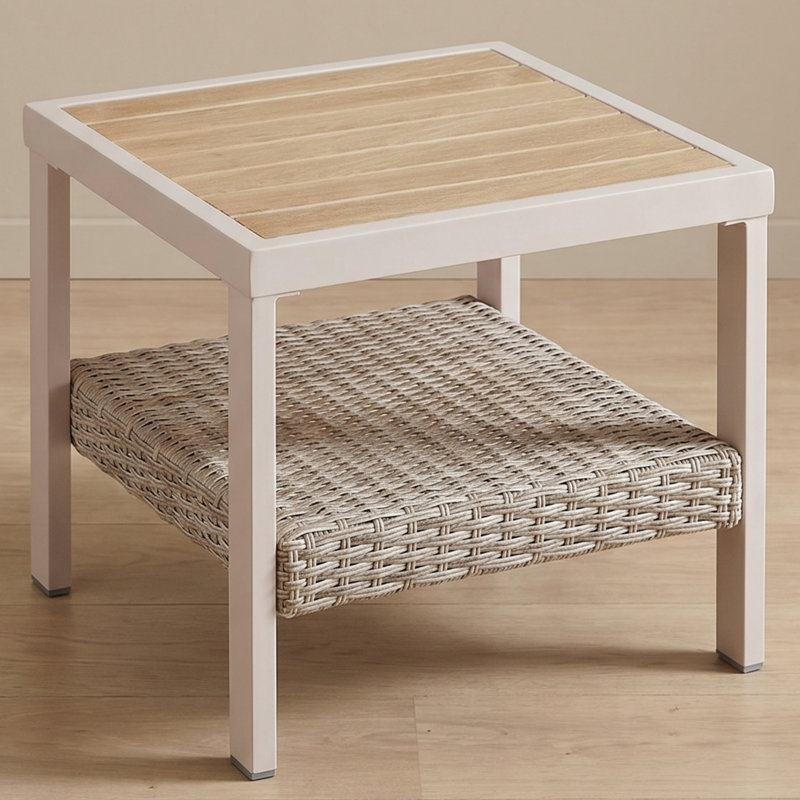 Small Coffee Table - Outdoor Side Table With Steel Frame, Compact Patio Accent Table, Boho Modern Design For Garden, Balcony, Porch, Bone Color