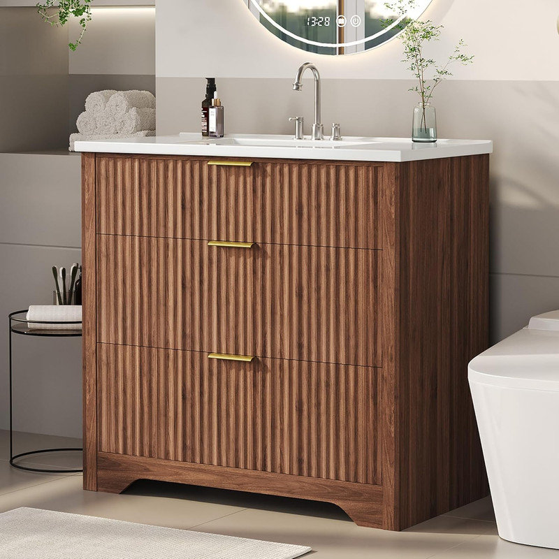 Fluted Farmhouse Bathroom Vanity with Integrated Ceramic Sink, 2 Drawers & Flip-Down Drawer, Freestanding Wood Storage Cabinet for Modern Bathrooms
