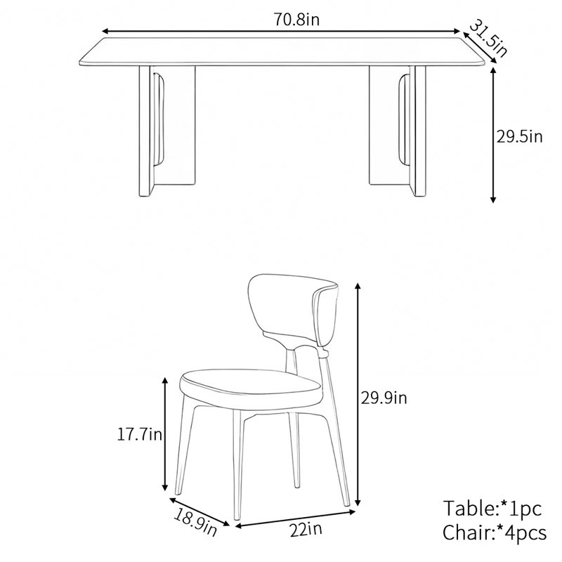 Ensemble de table de salle à manger rectangulaire European Light Luxury, H 29,5 po x L 70,8 po x l 31,5 po