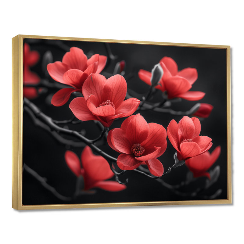 «Magnolias Photo II» - art mural rouge, Cadre flottant doré, H 12 po x l 20 po