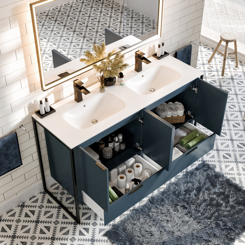 Mendiola  Meuble-lavabo mural double avec surface solide et lavabos intégrés, Bleu