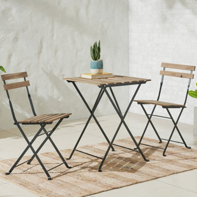 Tomiye Folding Patio Bistro Set – 3-Piece Acacia Wood and Steel Café Table and Chairs for Porch, Deck, Garden, or Balcony Furniture by Lavish Home