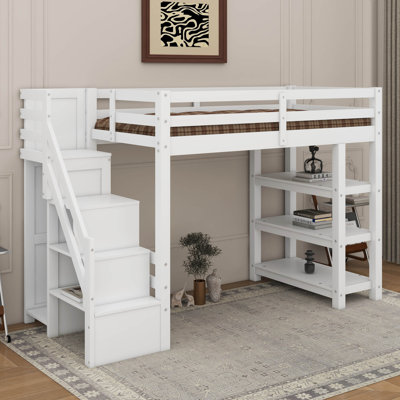 Lit mezzanine simple avec tablettes, escalier de rangement et lumière DEL